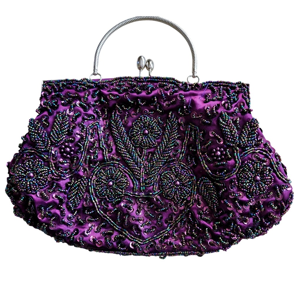 Beaded Sequin Clutch Purse Womens Small Purple Iridescent Beads Evening Bag